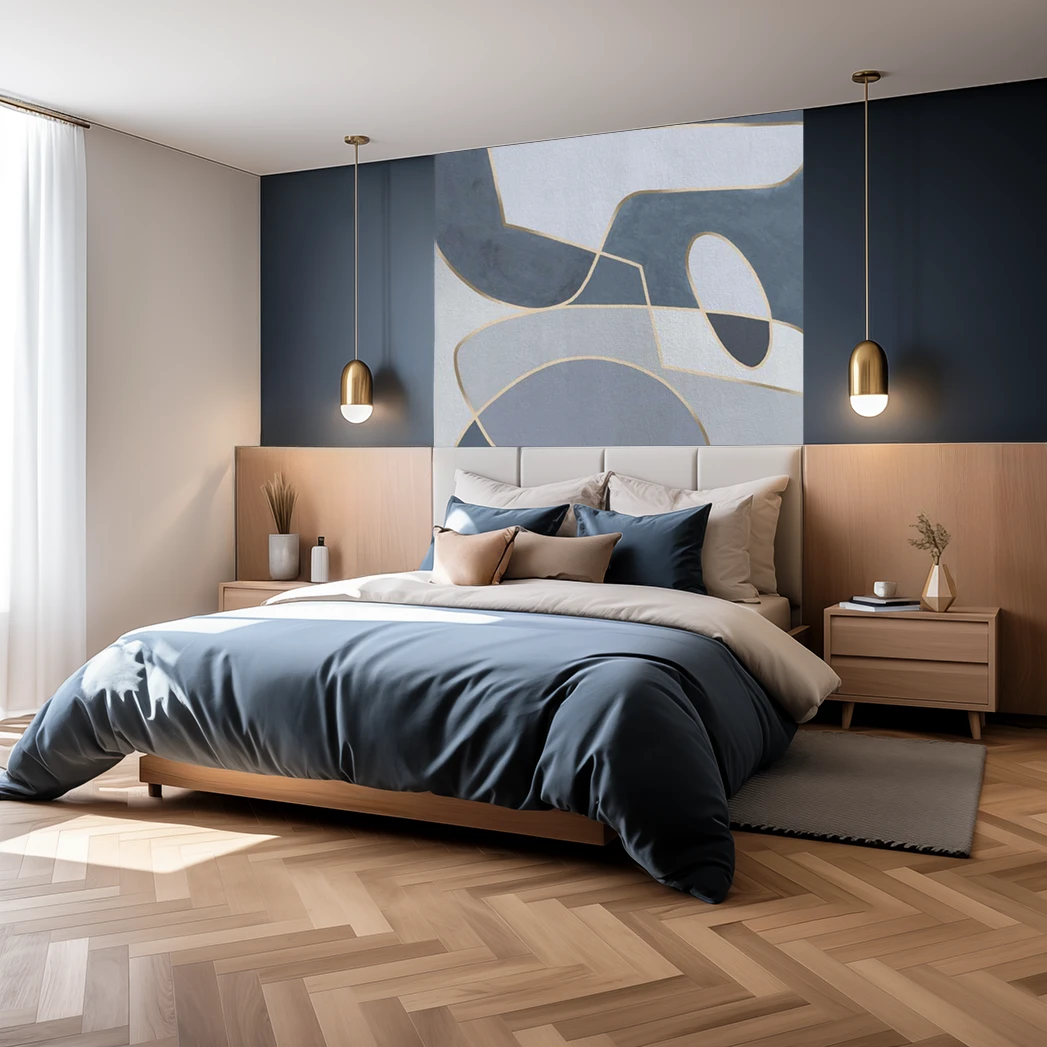 Rénovation intérieure d'une maison - chambre bleu nuit et bois naturel
